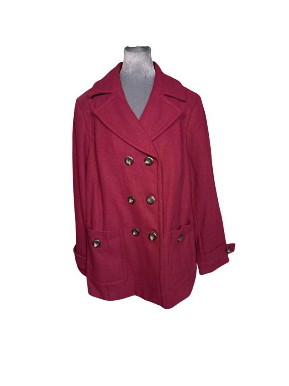 St. Johns Bay Womens Red Peacoat 1X Double-Breasted Wool Blend NWT